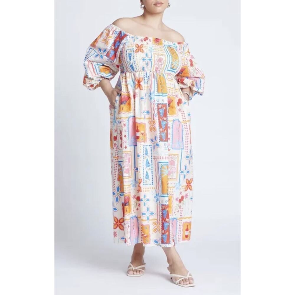 Eloquii Off Shoulder Maxi Dress Colorful Print Cotton Size 14 Boho Vacation